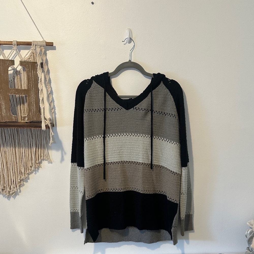 Crocheted Striped Black and Gray Women's Sweater